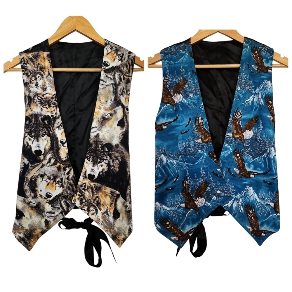 Vintage Unbranded Wolf and Eagle Split Design Vest Multicolor L